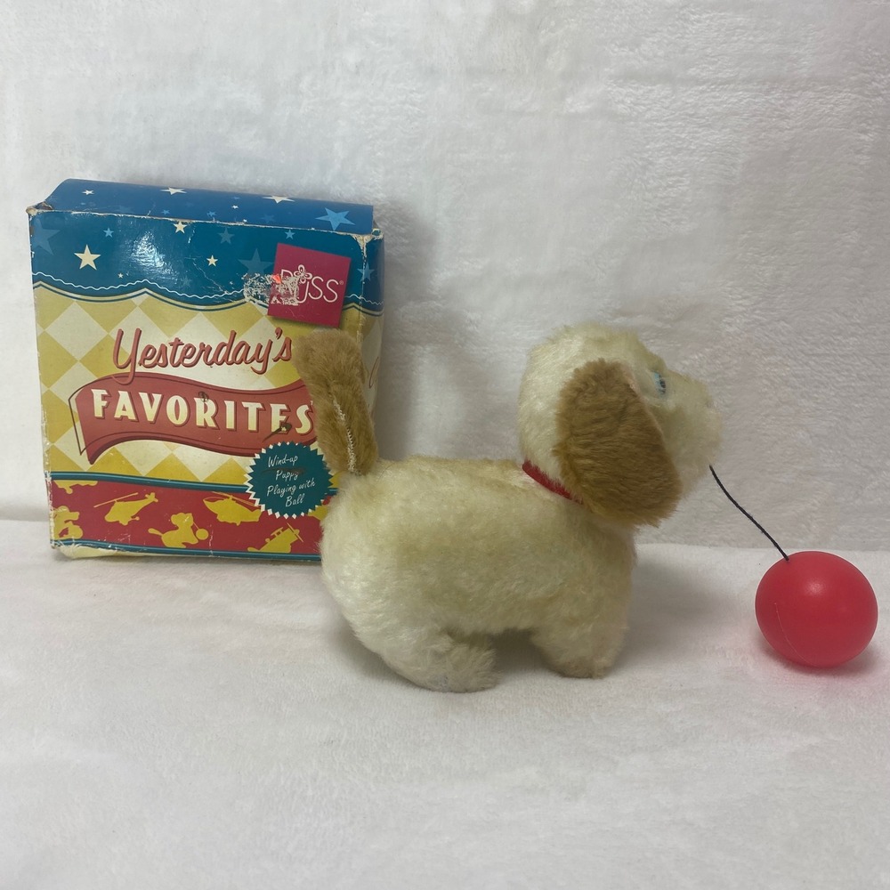 VTG Russ  Wind Up Toy Dog Chasing Ball Fluffy Mechanical‎ Working